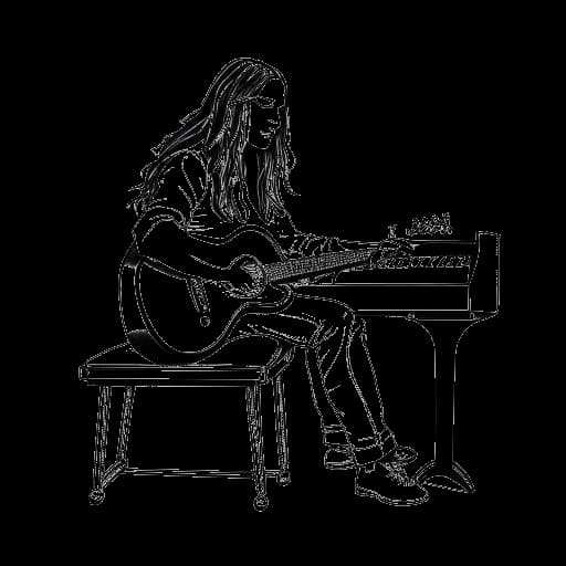 Dibujo de arte lineal de un hombre que representa a Timothée Chalamet, sosteniendo una guitarra y sentado en un piano