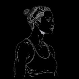 Disegno in stile line art di una donna che rappresenta Gab Smolders, con una corporatura atletica che mostra sicurezza, impegnata in un'attività sportiva con influenze culturali.