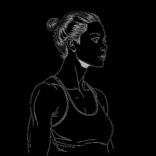 Disegno in stile line art di una donna che rappresenta Gab Smolders, con una corporatura atletica che mostra sicurezza, impegnata in un'attività sportiva con influenze culturali.