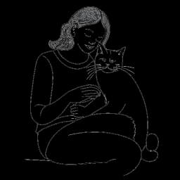 Disegno in stile line art di una donna, incarnando Gab Smolders, che esprime amore e cura verso il suo gatto in un'atmosfera accogliente, irradiando calore.