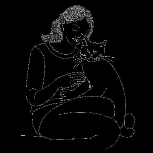 Disegno in stile line art di una donna, incarnando Gab Smolders, che esprime amore e cura verso il suo gatto in un'atmosfera accogliente, irradiando calore.