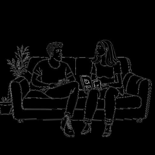 Desenho em arte linear de um casal sentado em um sofá, com um gato em primeiro plano, representando Gab Smolders, seu parceiro e seu gato, BB