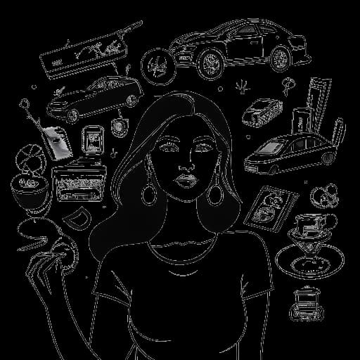 Desenho representando Corinna Kopf, conhecida como Garota Pouty, destacando sua persona confiante e sucesso, cercada por sinais de riqueza, um presente extravagante e engajamento com uma vasta audiência online.
