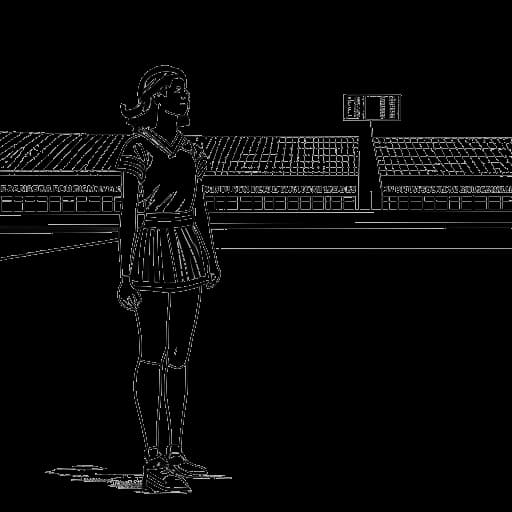 Dessin en ligne de Corinna Kopf, une femme en uniforme de pom-pom girl, debout devant le lycée William Fremd avec un terrain de football.