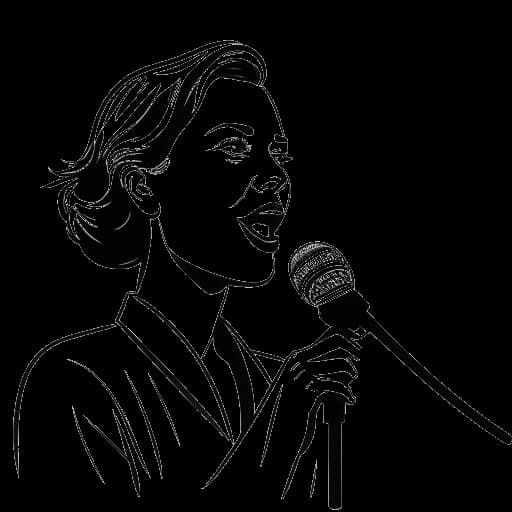 Dessin en ligne de Corinna Kopf, une femme parlant dans un microphone, avec le drapeau allemand en arrière-plan.