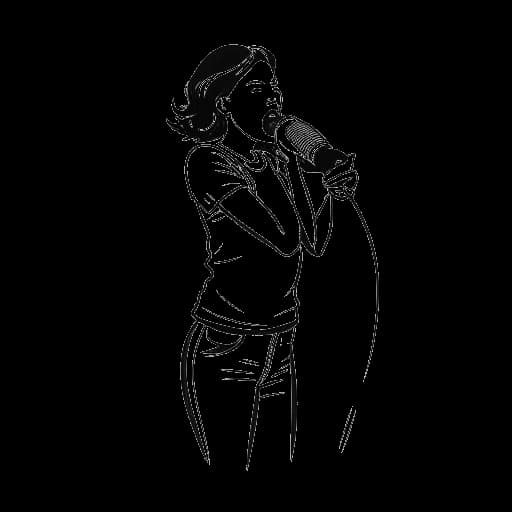 Dessin en ligne de Corinna Kopf, une femme tenant un microphone, avec le logo 'Kick' sur son t-shirt.