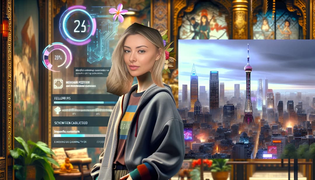 Mitte 20, glatzköpfige weibliche Social-Media-Influencerin mit einem Schmollmund, steht vor einem Ferrari und einem Gaming-Streaming-Setup.
