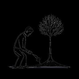 Strichzeichnung eines Mannes, der Oğuz Yılmaz darstellt, der einen Baum pflanzt, was Nachhaltigkeit symbolisiert.