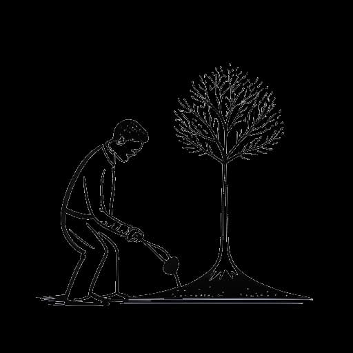 Strichzeichnung eines Mannes, der Oğuz Yılmaz darstellt, der einen Baum pflanzt, was Nachhaltigkeit symbolisiert.