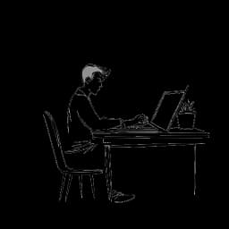 Strichzeichnung eines Mannes, der Oğuz Yılmaz darstellt, der an einem Schreibtisch sitzt, sich auf einen Computer konzentriert und Notizen macht.