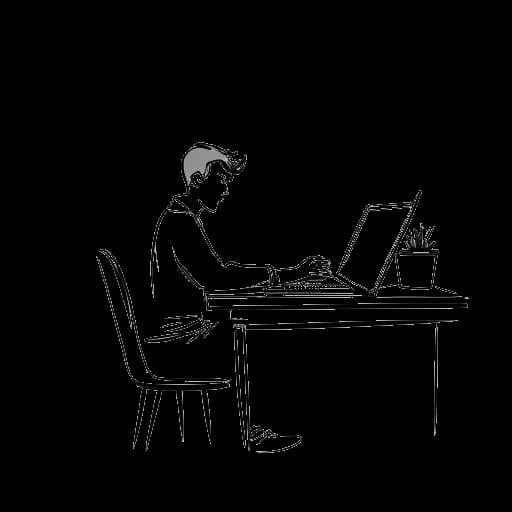 Strichzeichnung eines Mannes, der Oğuz Yılmaz darstellt, der an einem Schreibtisch sitzt, sich auf einen Computer konzentriert und Notizen macht.
