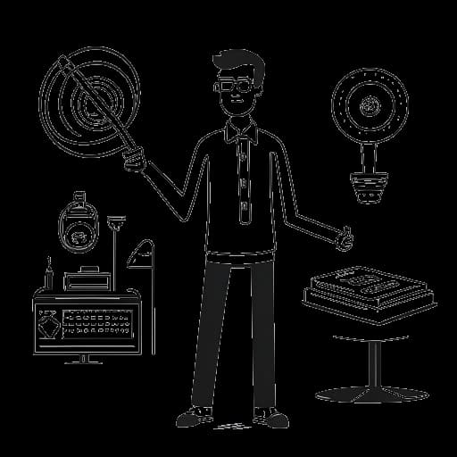 Strichzeichnung eines Mannes, der Oğuz Yılmaz repräsentiert, unterstützt von einer Vielzahl von Symbolen, die seine vielfältigen Einnahmequellen verdeutlichen; ein ikonisches YouTube-Emblem, ein komplexes Diagramm für Social-Media-Planung, Filmrollen, ein rechtliches Dokument, das auf Künstlermanagement hinweist, ein Podcast-Mikrofon und ein ausgezeichneter Pokal.