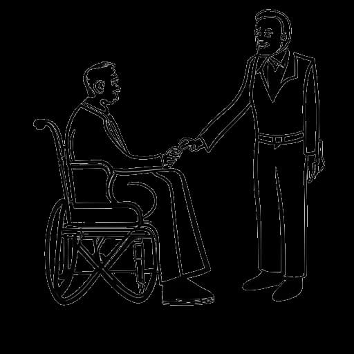 Strichzeichnung eines Mannes, der mit einer Person im Rollstuhl Händchen hält, und Oğuz Yılmaz sowie die Aktion Mensch repräsentiert.