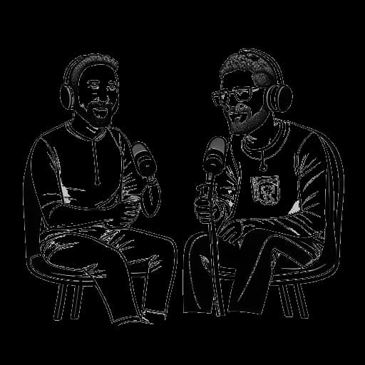 Strichzeichnung von zwei Männern, die Mikrofone halten und vor einem Podcast-Logo sitzen, und Oğuz Yılmaz und Daniel Zoll repräsentieren.