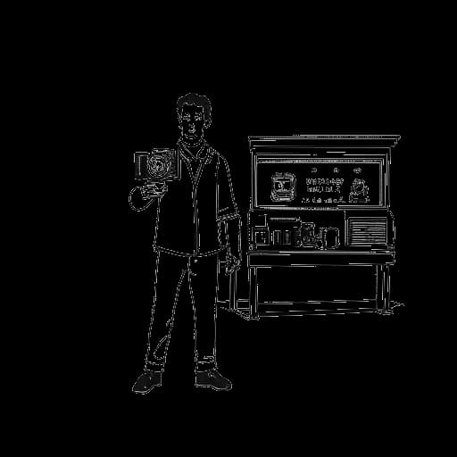 Strichzeichnung eines Mannes, der eine Videokamera und ein Mikrofon hält und vor einem Filmverleih steht, und Oğuz Yılmaz repräsentiert.