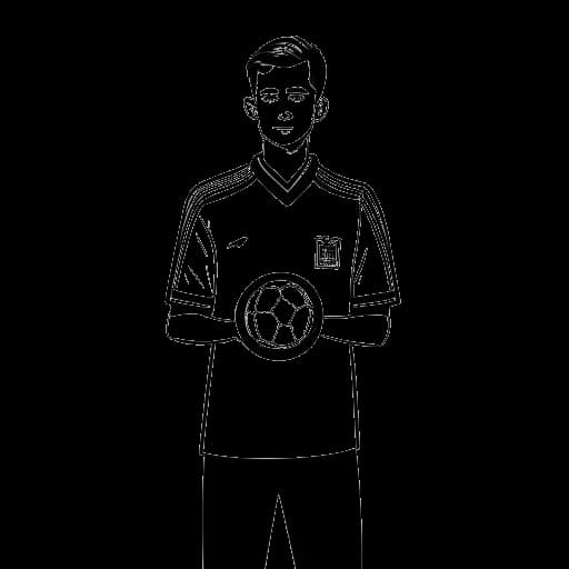 Strichzeichnung eines jungen Mannes, der eine Schiedsrichteruniform trägt und eine Pfeife und einen Fußball hält, und Oğuz Yılmaz repräsentiert.