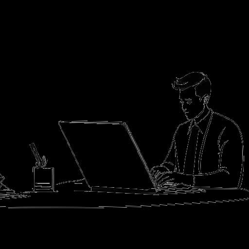 Strichzeichnung eines Mannes, der an einem Laptop arbeitet, während im Hintergrund eine Person mit Papierkram umgeht, und Oğuz Yılmaz und sein Team repräsentiert.