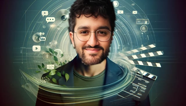 Oğuz Yılmaz, a smart casual dressed digital media expert and entrepreneur, with social media icons and green sustainability elements in the background.