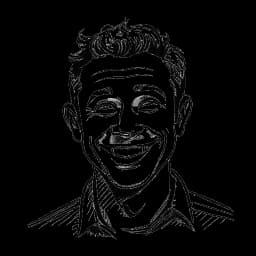 Strichzeichnung eines Mannes, der Leon Machère (Rustem Ramaj) darstellt, mit kurzen Haaren in Freizeitbekleidung und einem verschmitzten Lächeln.