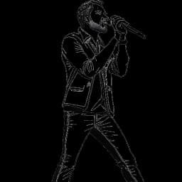 Strichzeichnung von Leon Machère bei einer Performance auf einer Reality-Show-Bühne, Selbstvertrauen und Entschlossenheit zeigend.