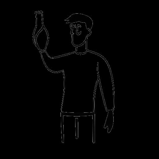 Strichzeichnung eines Mannes, der durchgestrichene Weingläser und Bierflaschen hält, das Leon Machère darstellt