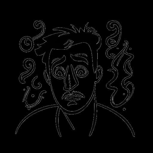 Strichzeichnung eines Mannes, der besorgt aussieht, mit Fragezeichen, der Leon Machère darstellt