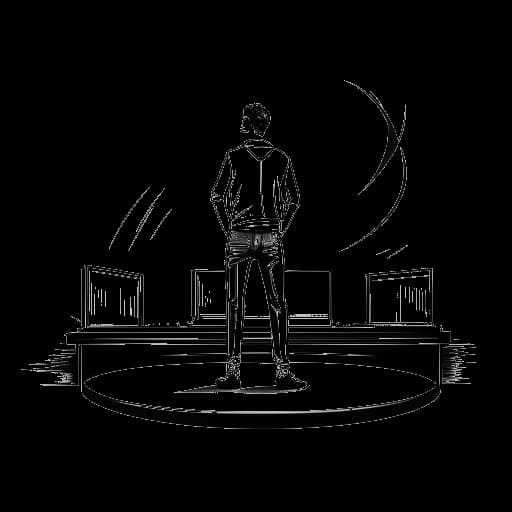 Strichzeichnung eines Mannes, der auf einer Bühne mit einem Reality-Show-Logo steht, das Leon Machère darstellt