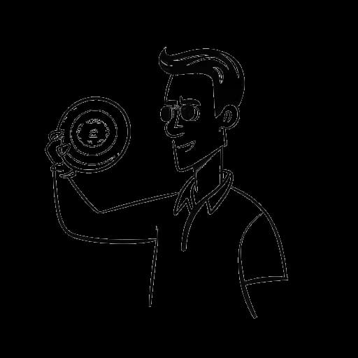 Strichzeichnung eines Mannes, der eine CD mit einem Schild mit negativer Bewertung hält, das Leon Machère darstellt