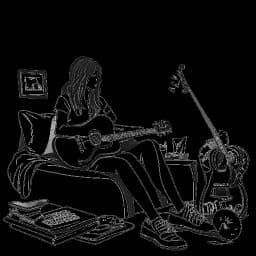 Sketch of a teenage girl, symbolizing Alessia Cara, sitting on her bed with a laptop, while her guitar and walls adorned with music icons, illustrate her rise to stardom.