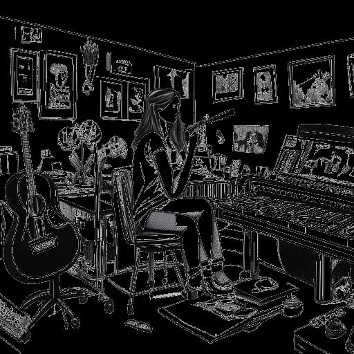 Image of a young woman, representing Alessia Cara, in her home studio with musical instruments and walls lined with posters of her diverse musical influences.