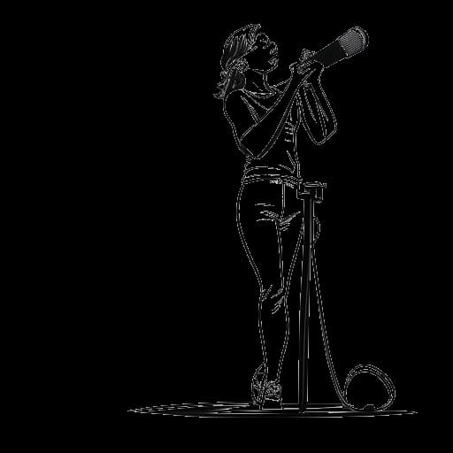 Dibujo lineal que representa a Alessia Cara, con una mujer cantando en un micrófono con un premio Grammy y auriculares sobre una pila de dinero, simbolizando éxito en la música, premios prestigiosos y ganancias financieras.