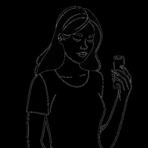Dibujo de arte lineal de una mujer que representa a Alessia Cara, sosteniendo un teléfono inteligente que muestra el logotipo de Twitter y una letra de canción.