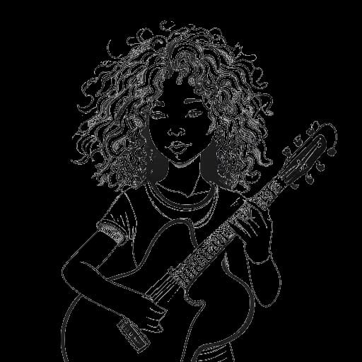 Dibujo de arte lineal de una niña con cabello rizado que representa a Alessia Cara, sosteniendo una guitarra con una chispa en sus ojos y un resplandor a su alrededor.