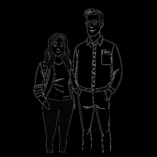 Dibujo de arte lineal de una mujer que representa a Alessia Cara, parada junto a un hombre con el texto 'Brampton' y un símbolo de hoja de arce en el fondo.