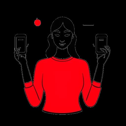 Dibujo de arte lineal de una mujer que representa a Alessia Cara, sosteniendo tres teléfonos inteligentes con las pantallas mostrando logotipos de plataformas de redes sociales, y una 'X' roja en dos de ellos.