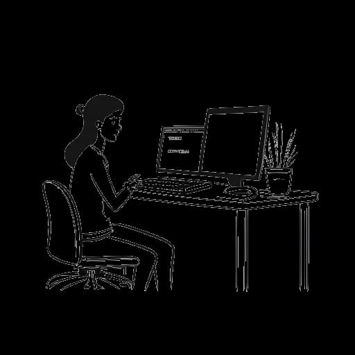 Dibujo de arte lineal de una mujer que representa a Alessia Cara, sentada frente a una computadora editando un video con una claqueta a su lado.