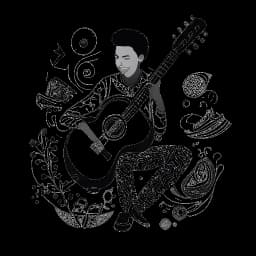 Skizze eines Mannes, der Noah Sebastian symbolisiert, mit einer Gitarre zwischen musikalischen Noten und gemischten kulturellen Bildern.