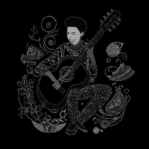 Skizze eines Mannes, der Noah Sebastian symbolisiert, mit einer Gitarre zwischen musikalischen Noten und gemischten kulturellen Bildern.