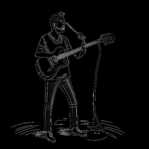 Disegno in arte lineare di un uomo che rappresenta Noah Sebastian che tiene un microfono, con onde sonore simboleggianti la musica, una chitarra che indica abilità strumentali, una penna spettrale su un foglio che implica il ghostwriting e merchandise che riflette entrate aggiuntive.