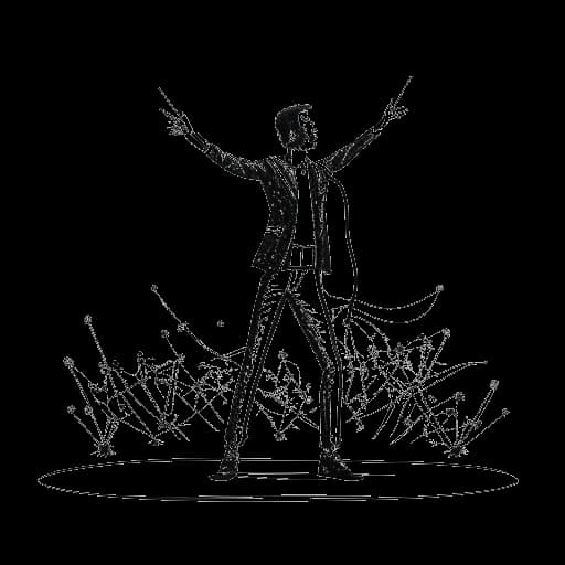 Dibujo de arte lineal de un hombre actuando en el escenario con elementos meta a su alrededor, representando la visión de Noah Sebastian para los espectáculos en vivo