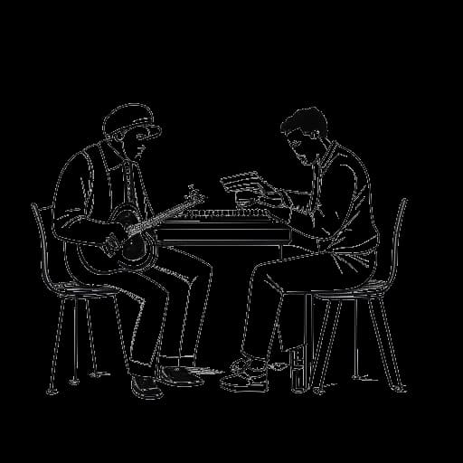 Dibujo de arte lineal de dos hombres trabajando juntos en música, representando la colaboración de Noah Sebastian con Sam Carter