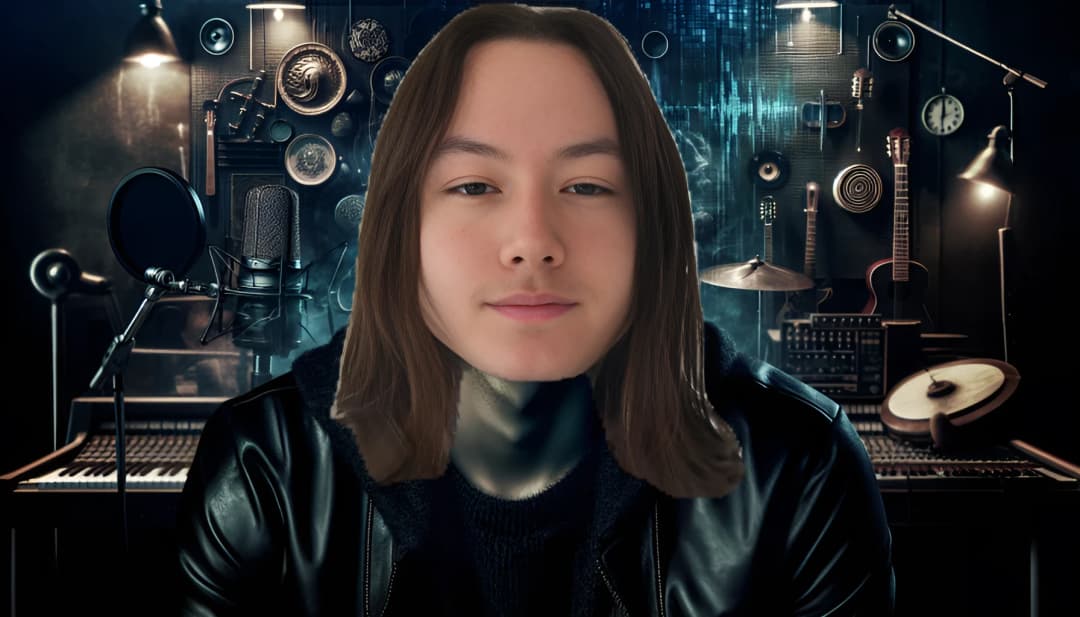 Noah Sebastian steht in einem Aufnahmestudio mit musikalischer Ausrüstung und Hinweisen auf die LA-Skyline, gekleidet in einem Rocker-Outfit mit einem tiefen Blick, umgeben von atmosphärischer Beleuchtung.