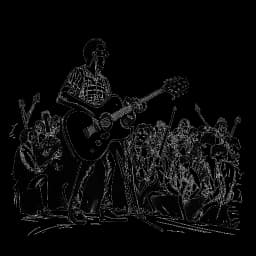Strichzeichnung eines Mannes, der B-Tight darstellt, Gitarre spielend und mit einem vielfältigen Publikum bei einem Live-Konzert interagierend, was seine dynamische und einnehmende Bühnenpräsenz zeigt.