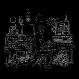 Strichzeichnung eines Mannes, der B-Tight darstellt, in einem Aufnahmestudio mit Musikinstrumenten und Produktionsausrüstung, was für künstlerische Freiheit und Kreativität steht.