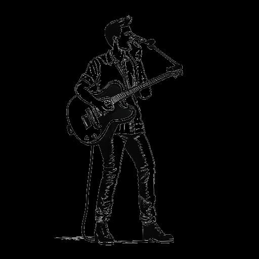 Strichzeichnung eines Mannes, der B-Tight darstellt, der ein Mikrofon in der einen Hand und eine Gitarre in der anderen hält, vor weißem Hintergrund