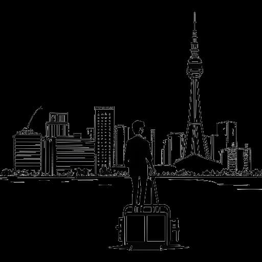 Strichzeichnung eines Mannes, der B-Tight darstellt, der zwischen einer Palme und der Berliner Skyline steht, eine Kofferhaltend, vor weißem Hintergrund