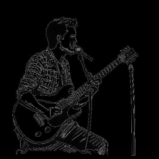 Strichzeichnung eines Mannes, der B-Tight darstellt, der ein Mikrofon und eine Gitarre hält, im Hintergrund ein Mischpult, vor weißem Hintergrund