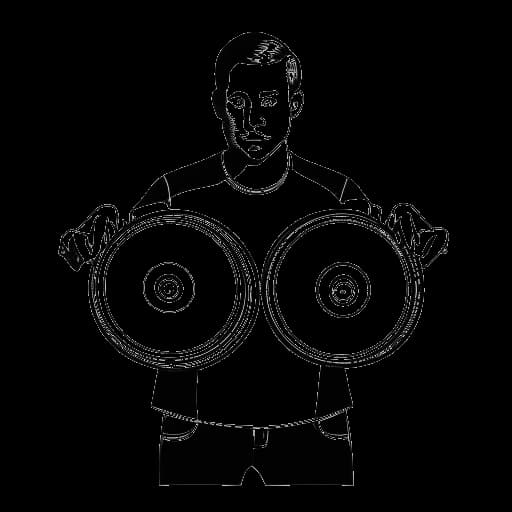 Strichzeichnung eines Mannes, der B-Tight darstellt, der vier CDs mit den Zahlen 1 bis 4 darauf hält, vor weißem Hintergrund