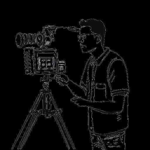 Strichzeichnung eines Mannes, der B-Tight darstellt, der ein Mikrofon und eine Videokamera hält, im Hintergrund ein Mischpult, vor weißem Hintergrund