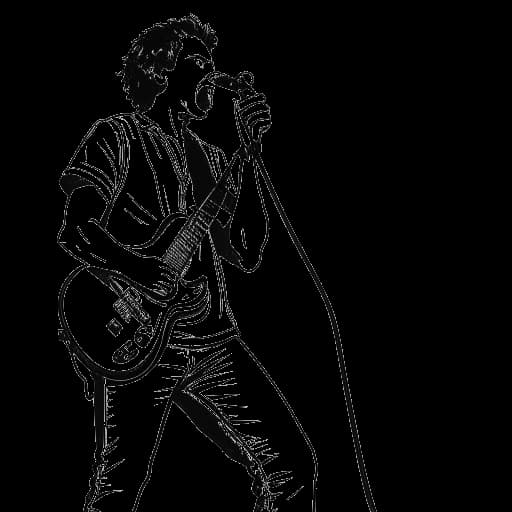 Strichzeichnung eines Mannes, der B-Tight darstellt, der ein Mikrofon und eine Gitarre hält, im Hintergrund spielt eine Rockband, vor weißem Hintergrund
